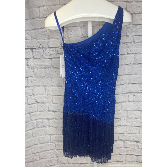 Mac Duggal Sequined Mini Dress NEW Cobalt Blue One Shoulder Fringe Hem Size 6 - Picture 4 of 13